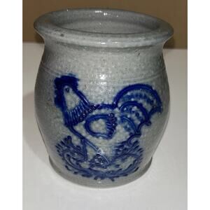 ELDRETH Pottery CROCK - Salt Glazed Blue Decorated - Rooster - 5.5”
